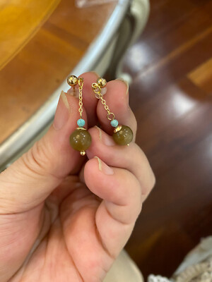 NEU HIGHEND*SELTEN*WUNDERSCHÖNE HETIAN SUGAR JADE稀有天然和田玉糖玉 GOLDS925 BAUMELNDE OHRRINGE
