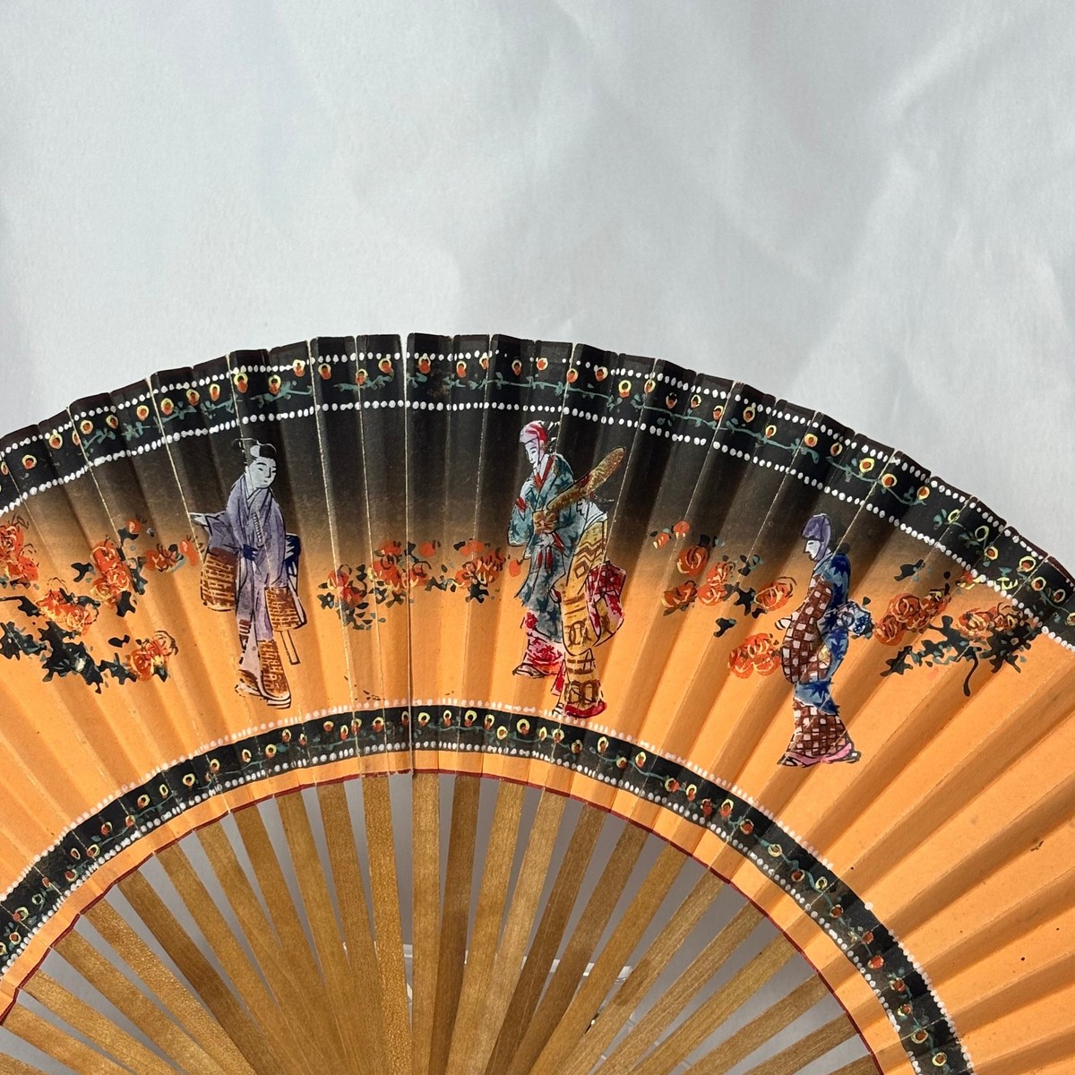 1920's Orange Paper Japanese Folding Fan W/ Black Border Lady
