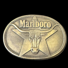 Vtg 80s Marlboro Belt Buckle Western Brass Longhorn Logo Phillip Morris Tobacco