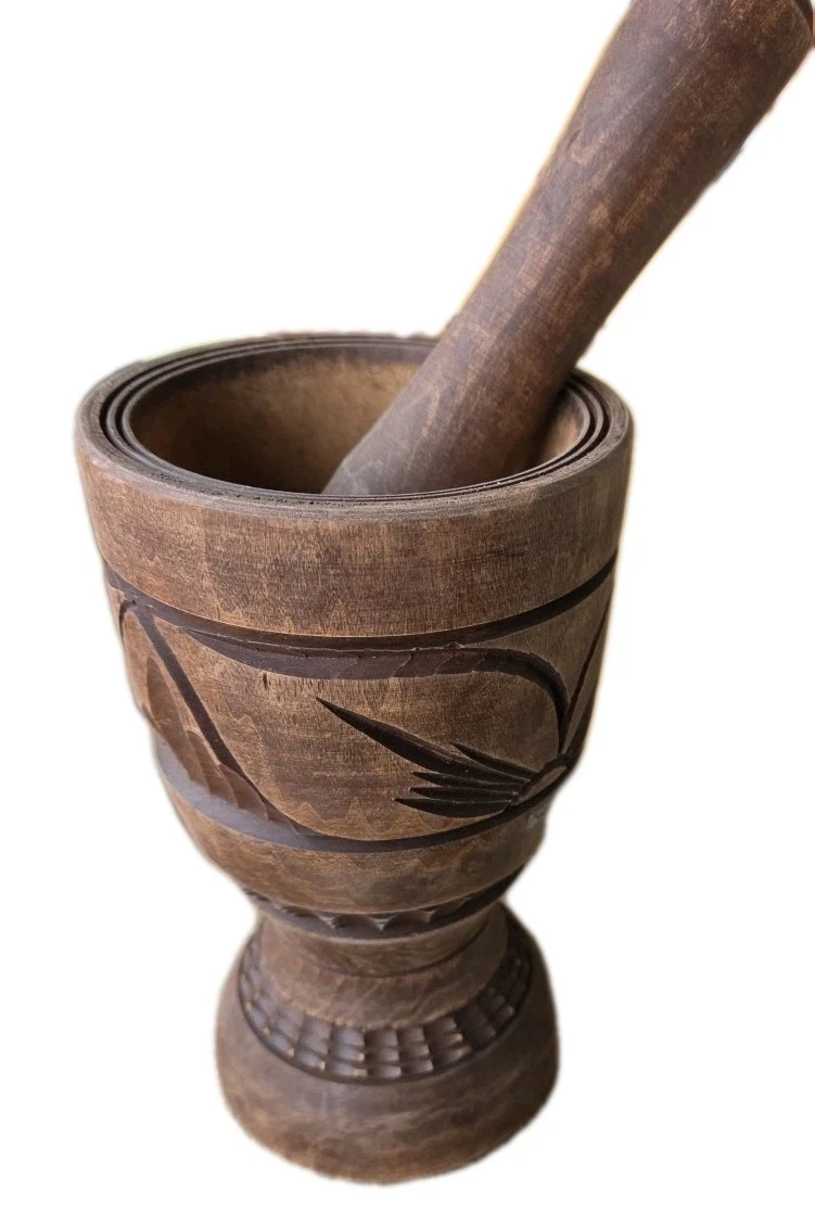 Vtg Hand Carved Wood Mortar & Pestle Brown Rustic Eclectic Herb Grinder 8"