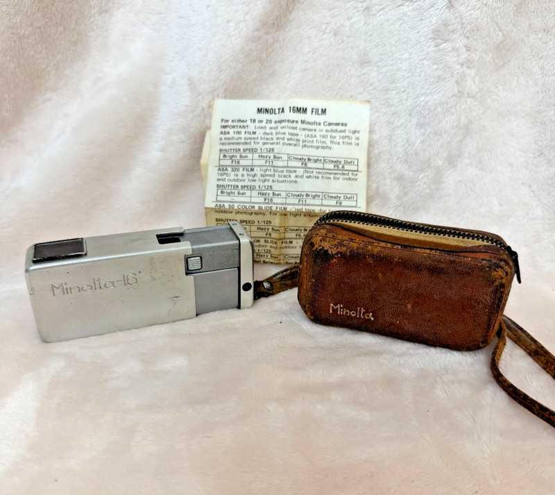 Vintage MINOLTA-16 Silver Camera with Leather Zippered Case 3" and Instructions