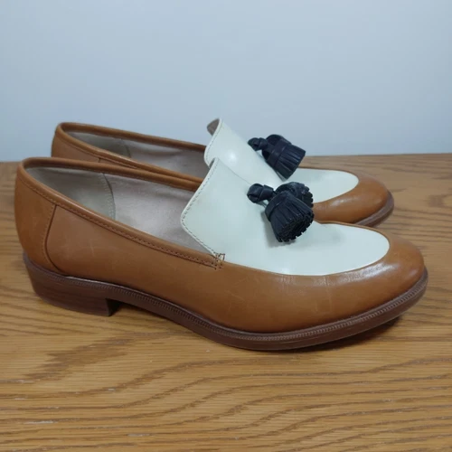 Scarpe mocassino Clarks Somerset nappa lavoro casual marrone bianco UK 4D usate