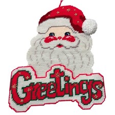 Vintage Santa Claus Greetings Plastic Needlepoint Wall Hanging Christmas Holiday