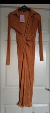 Missyempire plisse wrap front long sleeve midaxi dress in camel, size 8