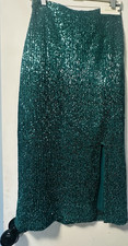Anthropologie Green Sequin Midi Pencil Skirt Straight Regular Slit Party XS