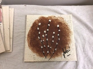 Vtg JOBI Pottery 6x6 Tile Pussy Willows in Bloom Design Hand Signed and Painted