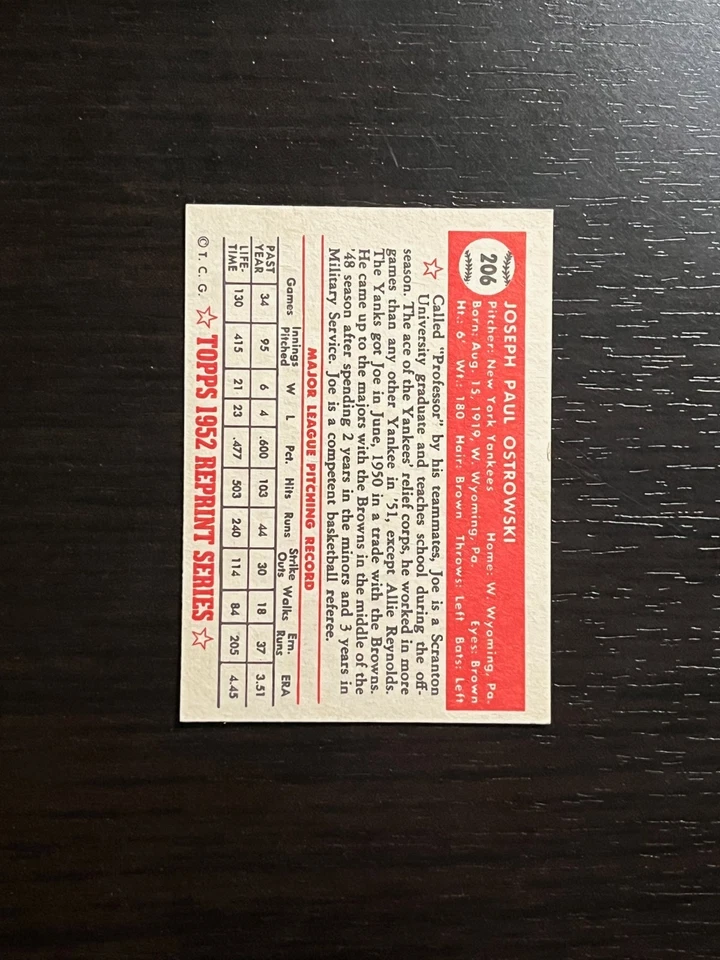 JOE OSTROWSKI 1983 Topps 1952 Reprint Series AUTO Autograph Card IP Signature - Image 3 of 3