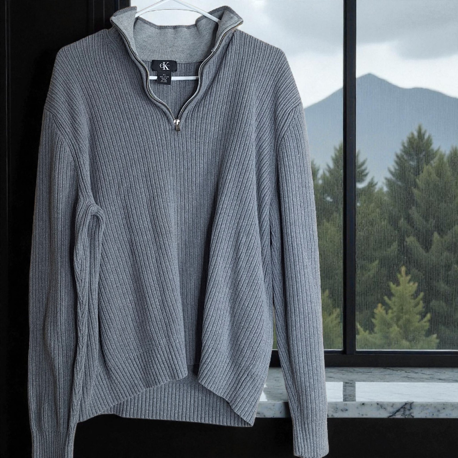 Calvin Klein Quarter Zip Pullover Sweater Mens XL Gray Cotton