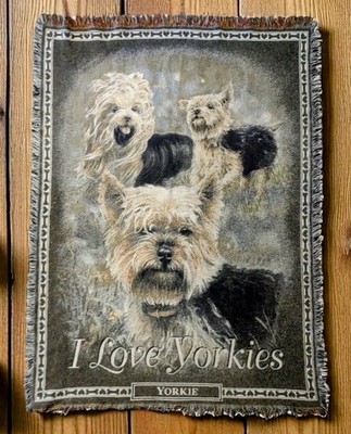 Vintage Danbury Mint  I Love Yorkies  Dog Tapestry Blanket Throw 100% Cotton USA