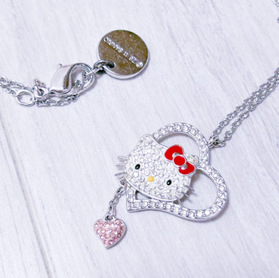 Swarovski Hello Kitty Heart Pendant Necklace Silver Pink Rare