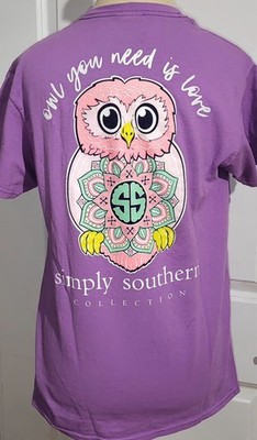 Simply Southern Owl You Need Is Love Purple T Shirt Top Women's Size M Medium