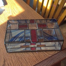 Rectangular Stained Glass Trinket Box Red Blue Abstract Pattern Mirrored Interi