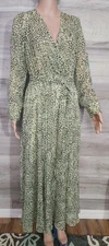 Womens Bohemian MAXI dress Sage Beige Sheer Metallic Threads  V neck 6