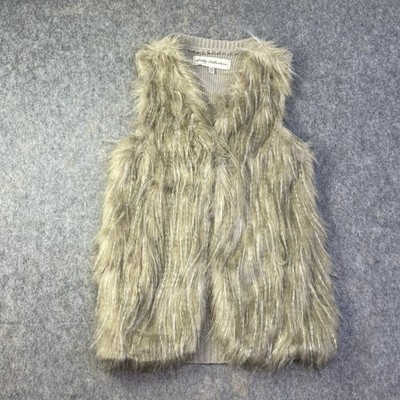 Sebby Collection Faux Fur Vest Women Sz M Beige Sleeveless Knit Cardigan Sweater