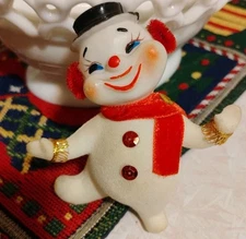 MCM Dancing Snowman Soft Plastic Head Flocked Body 4" Tall Christmas Ornament 