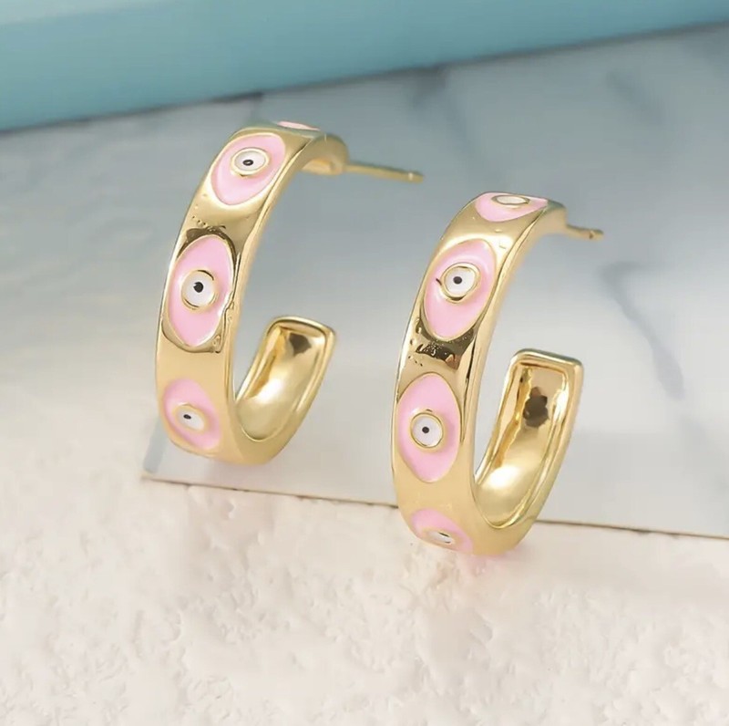 Beautiful 18k Gold Plated Pink Evil Eye Small Hoop Earrings!