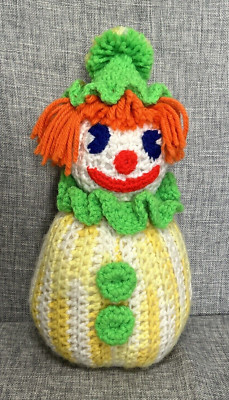 Handmade Crochet Knit Stuffed Roly Poly Toy Clown Doll Vibrant Colors Vintage