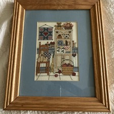 Wooden Framed Finished Needle craft Picture Circa 1980 Cottage Core Country Look
