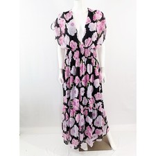 Fashion Nova Black & Pink Floral Chiffon Maxi V Neck Dress Womens 1X