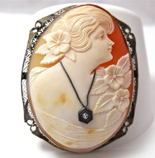 Antique Carved Shell Cameo Pendant with Diamond Habillé in Filigree Frame — listing 2