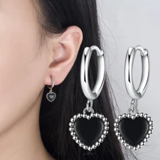 Women 925 Sterling Silver Dangle Black Enamel Heart Huggie Hoop Earrings XJ10