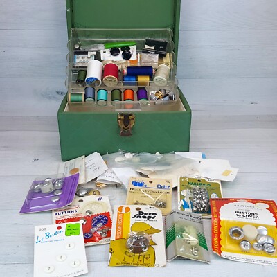 Vintage Green 10 x 8'' Sewing Box Filled w/ Notions Buttons Thread Snaps Gadgets