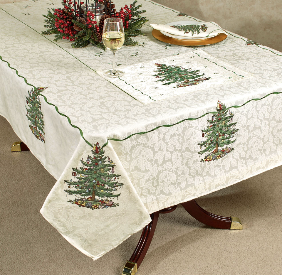 SPODE CHRISTMAS TREE IVORY GREEN TABLECLOTH 60" x 144" COTTON POLYESTER