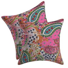 Bohemian Cotton Throw Pillow Covers Kantha 16x16 In Paisley Indian Boho Set Of 2
