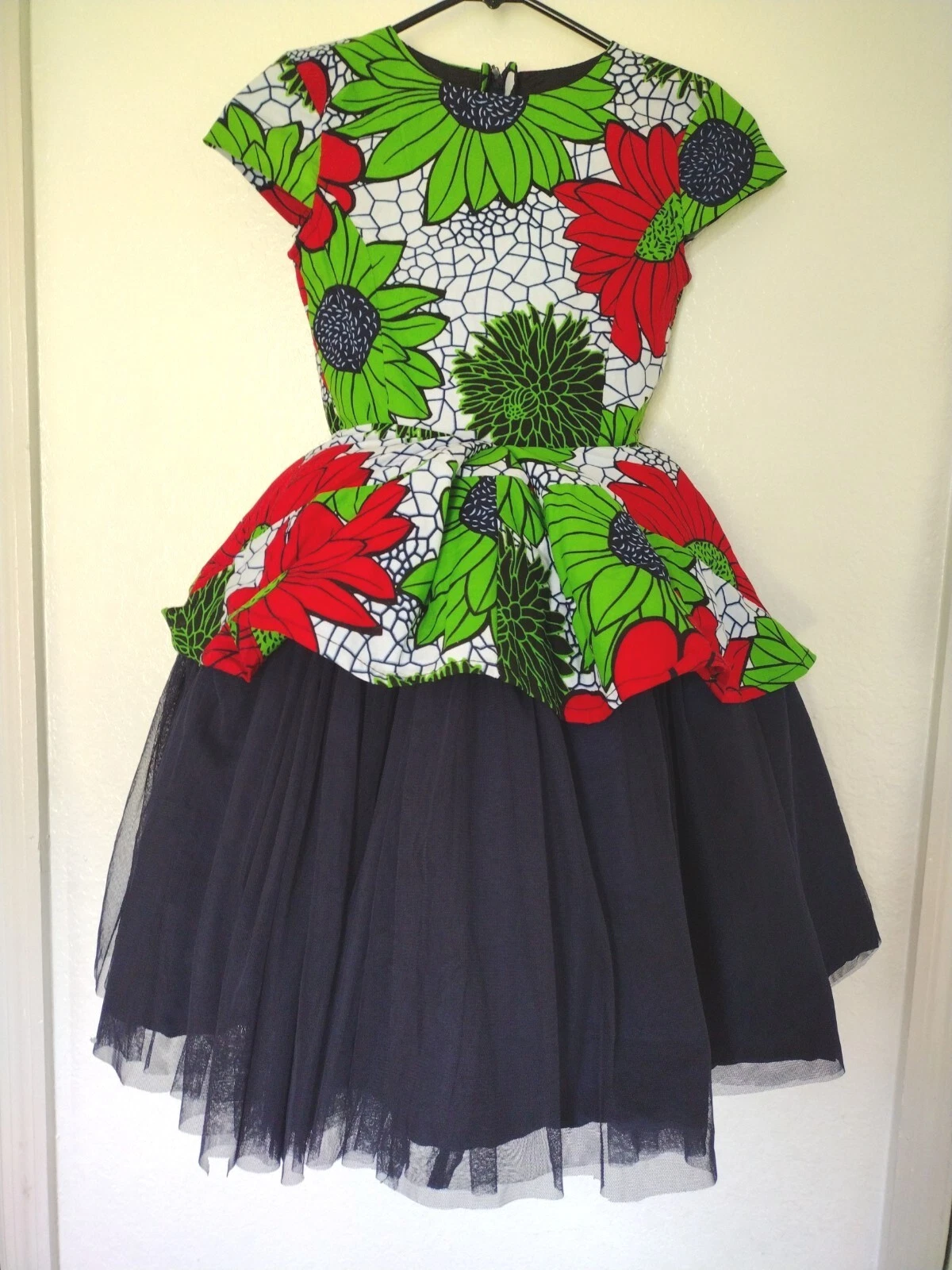 Girls African Print Party Formal Princess Swing Flare Puff sleeve Dress 6 to 9yr