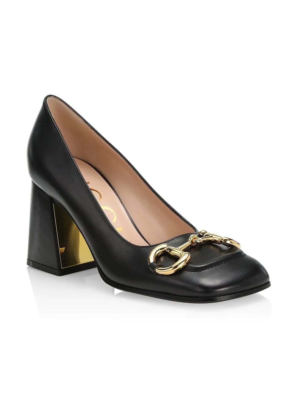Gucci Women's Mid Heel Pump with Horsebit BLACK Leather Signature Gold