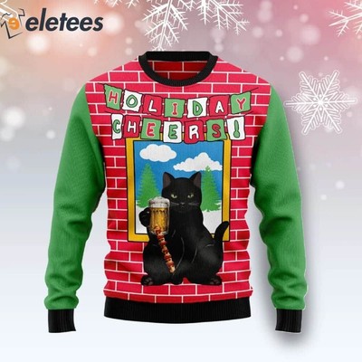 Black Cat ''Beer Holiday Cheer'' Ugly Christmas Sweater Unique Cat Lover Gift
