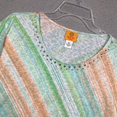 Ruby Rd Womans Plus 3X Top NEW Green Peach Striped Studded V-Neck 3/4 Tie Sleeve