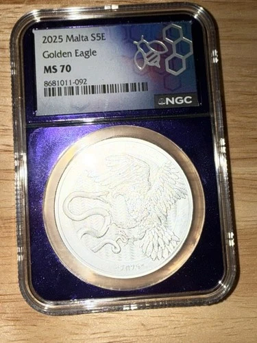 2025 Malta S5E Golden Eagle 1oz Silver NGC MS70 Purple Core Beautiful Coin
