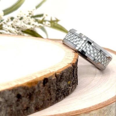 8mm Silver Tungsten Christmas Gifts Ring White Carbon Fiber Inlay Polished Band