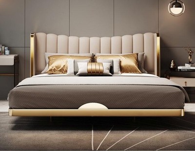 Stylish Gold Accent Modern LED Leather Bed