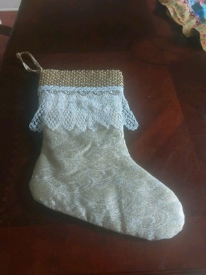 Vintage Gold Damask- Crochet Lace Embellished Christmas Stocking Lined Handmade