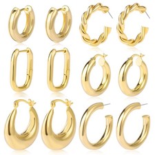 6 Pairs Chunky Gold Hoop Earrings Set for Women 14K Medium, 01Gold