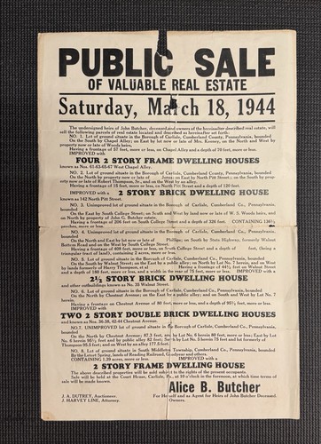 1944 Carlisle PA Public Auction Broadside Poster 12x17.5”