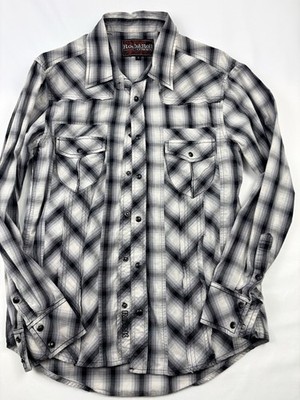 Rock and Roll Cowboy Mens S Black Gray Plaid Snap Western Shirt Long Sleeve