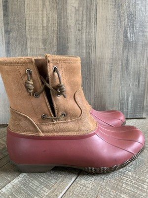 Sperry Saltwater Women s Rain Duck Boots Tan Burgundy Side Zipper Size 9.5