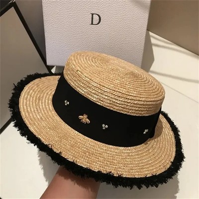 Flat Top Sun Hat Straw French Style Summer Vacation Outdoor Unisex Wear Travel