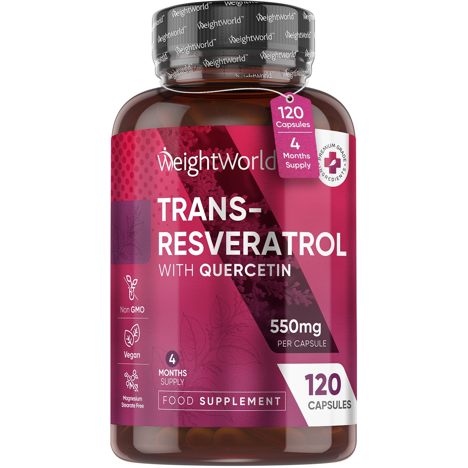 Trans Resveratrol - 120 Capsules - 550mg - Quercetin - 4 Months supply - Vegan