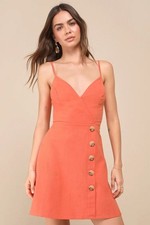 LULUS Sweet Breeze Orange Surplice Button-Front Mini Dress size small 