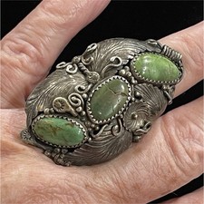 Sterling Silver Native American Ring with 3 Oval Green Turquoise Stones size 10