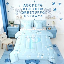 Bow Romantic Princess Comforter Set with Sheets 7 Piece Blue Twin Blue P
