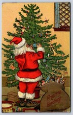 Antique Christmas Santa Decorating Tree w Toys Sack 1915