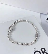 Authentic PAN ALE 925 Silver Beads & Pave Ball Chain Bracelet Womens
