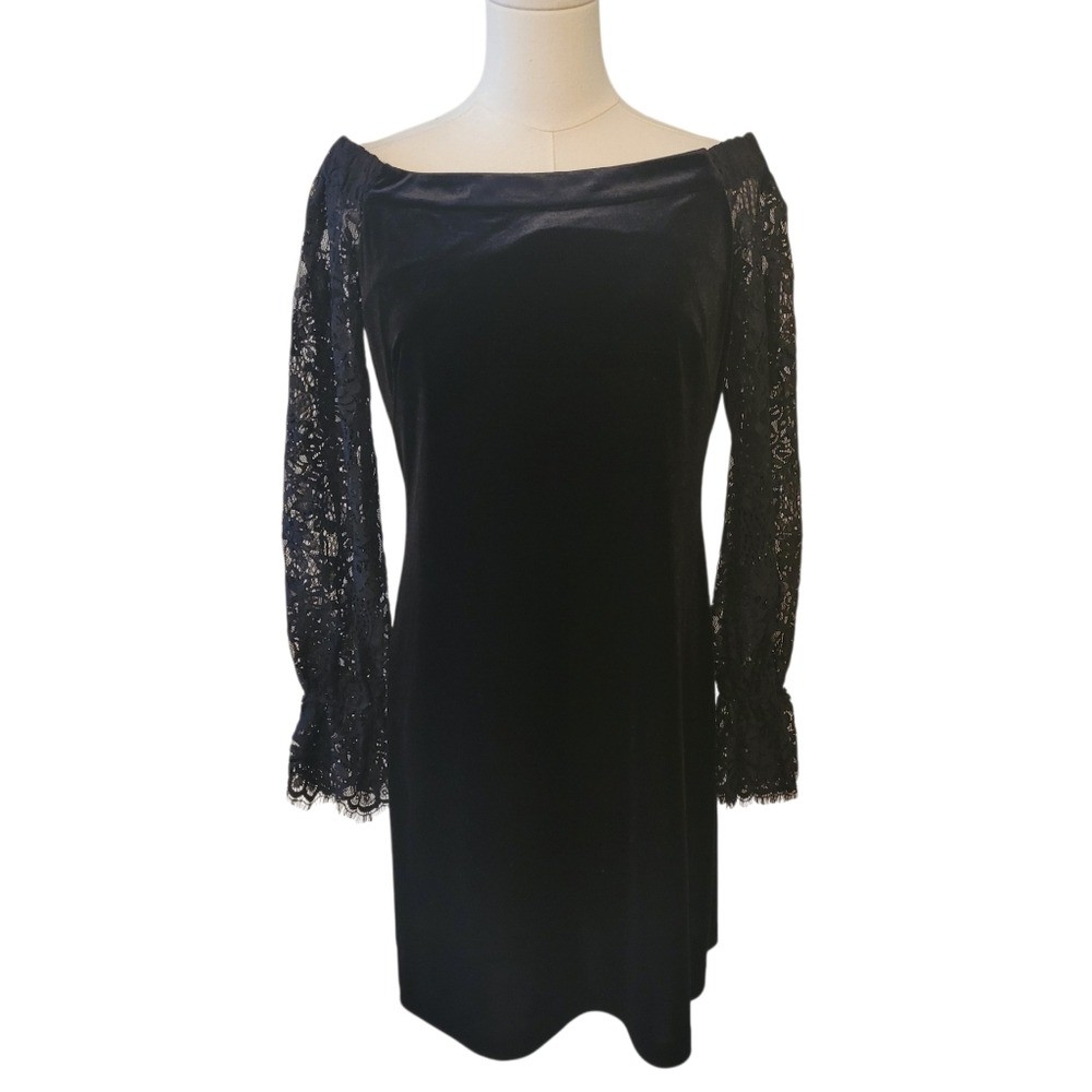 WHBM Black Velvet & Lace Off the Shoulder Cocktail Dress Size 4