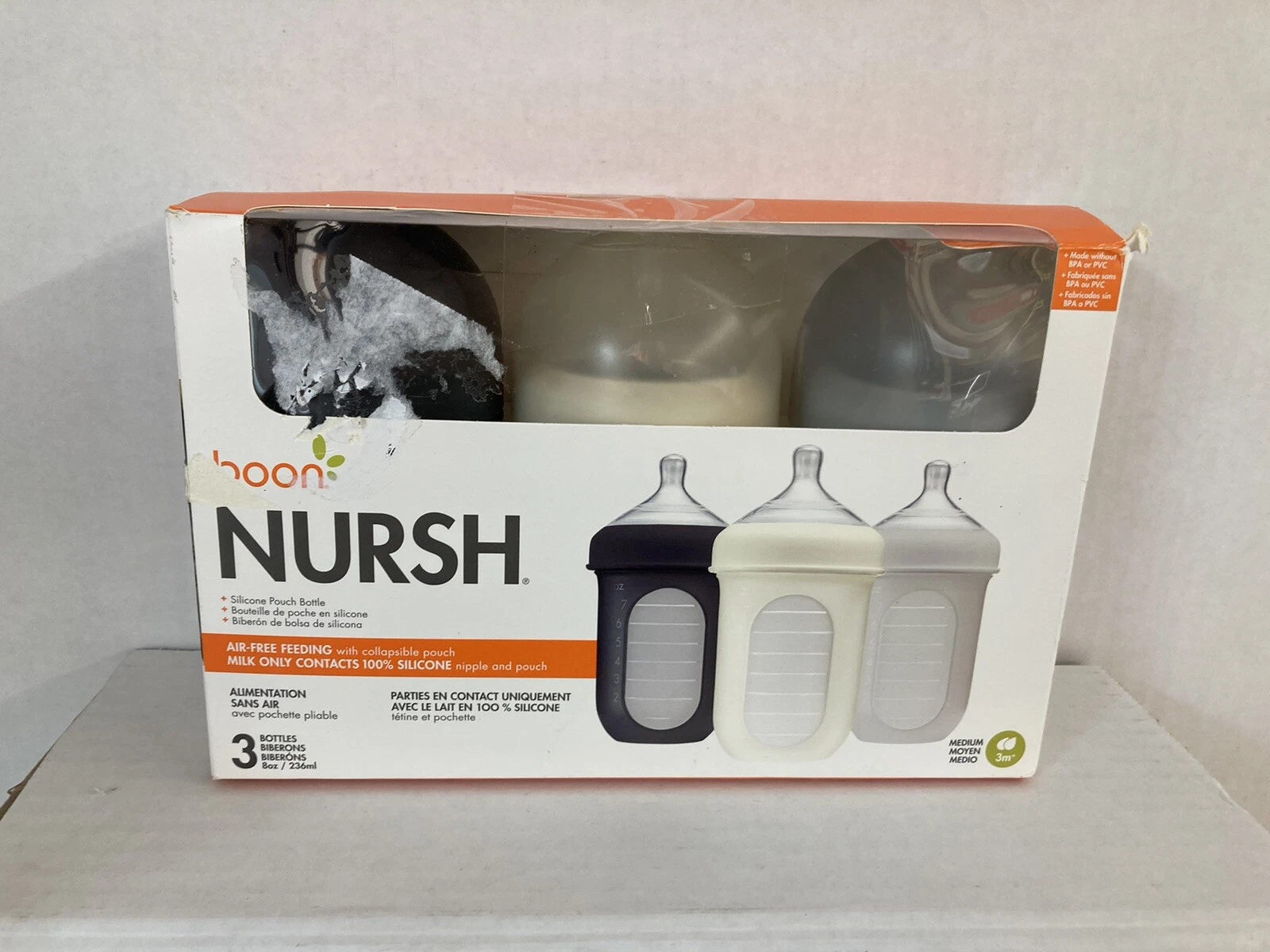 boon, Nursh, Silicone Pouch Bottle, 3 bottles, 8 oz. each, Medium