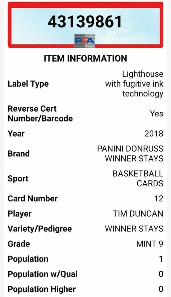 Tim Duncan 2018 Donruss Winner Stays Insert PSA 9*Pop 1* None higher! - Image 4 of 4